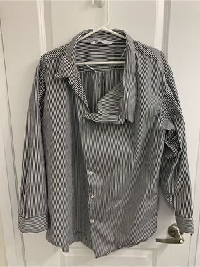 Zara Black and White Vertical Stripe Button-Down Shirt with Asymmetrical Collar